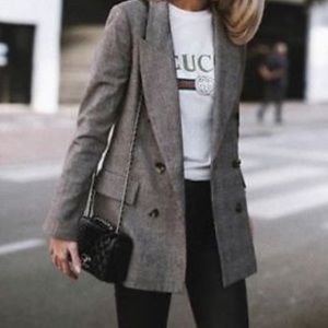 ZARA BROWN CHECKED DOUBLE-BREASTED WOOL BLAZER - M